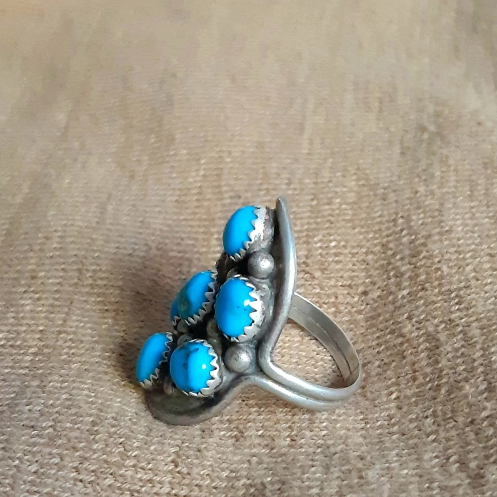 Navajo Style Sterling Turquoise Cabochon Cluster Ring Size 8.75 - Picture 8 of 16
